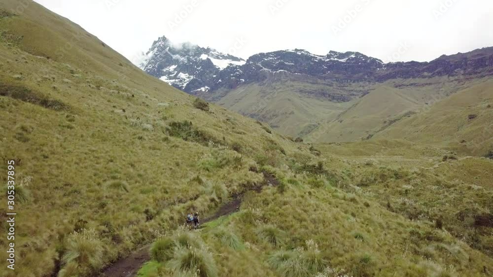 Ariel view of hikers in the open valley of Cotopaxi Ecuador Ariel view of hikers in the open valley of Cotopaxi Ecuador