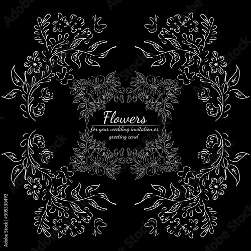 Tropical hand drawn floral frames. Outline set. Jungle foliage illustration. Floral set. Hand drawing. Vector isolated collection. Natural spring wedding card. Summer tropical leaf. Botanical frames