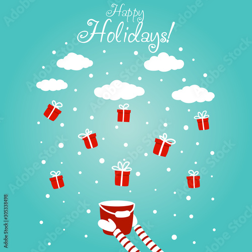 Cute winter holiday illustration with kid hands raised up with gifts. Christmas and New Year vector card with child, presents, snowflakes and clouds. Romantic and funny background