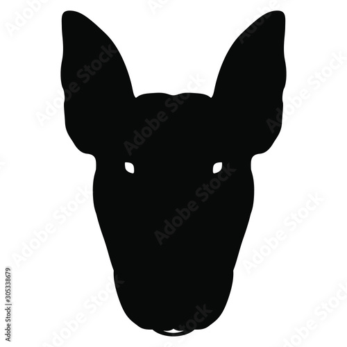 Isolated vector illustration. Stylized head of a Bull Terrier dog. Black and white silhouette. Flat logo style.	