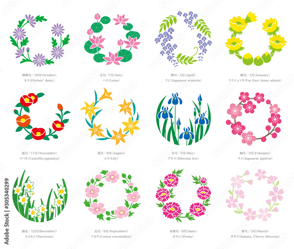 花丸 誕生月の花 デザインセット Stock ベクター Adobe Stock