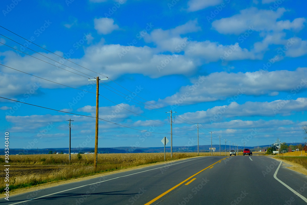Road trip, Countryside Road autumn season in Wisconsin State Park, USA Road trip, Countryside Road autumn season in Wisconsin State Park, USA