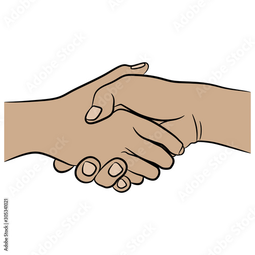 Two human Caucasian hands in handshake. Gesture of agreement, deal or partnership. Cartoon style. Isolated vector illustration.