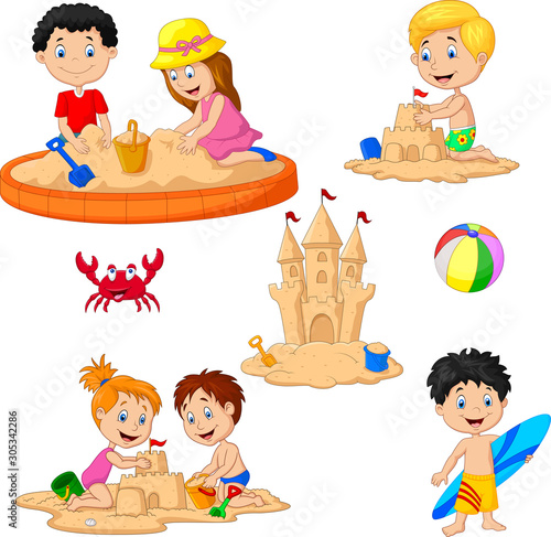 Children playing sand castle and surfboard