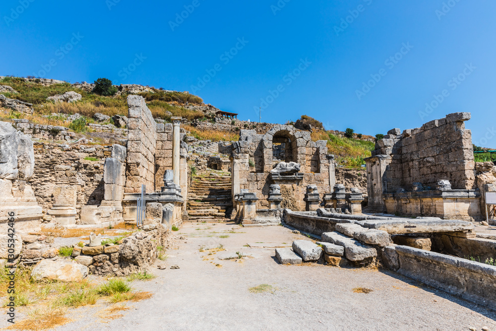 Perga or Perge, an ancient Greek city in Anatolia, a large site of ancient ruins, now in Antalya Province on the Mediterranean coast of Turkey. Perga or Perge, an ancient Greek city in Anatolia, a large site of ancient ruins, now in Antalya Province on the Mediterranean coast of Turkey.