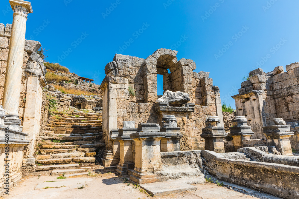 Perga or Perge, an ancient Greek city in Anatolia, a large site of ancient ruins, now in Antalya Province on the Mediterranean coast of Turkey.