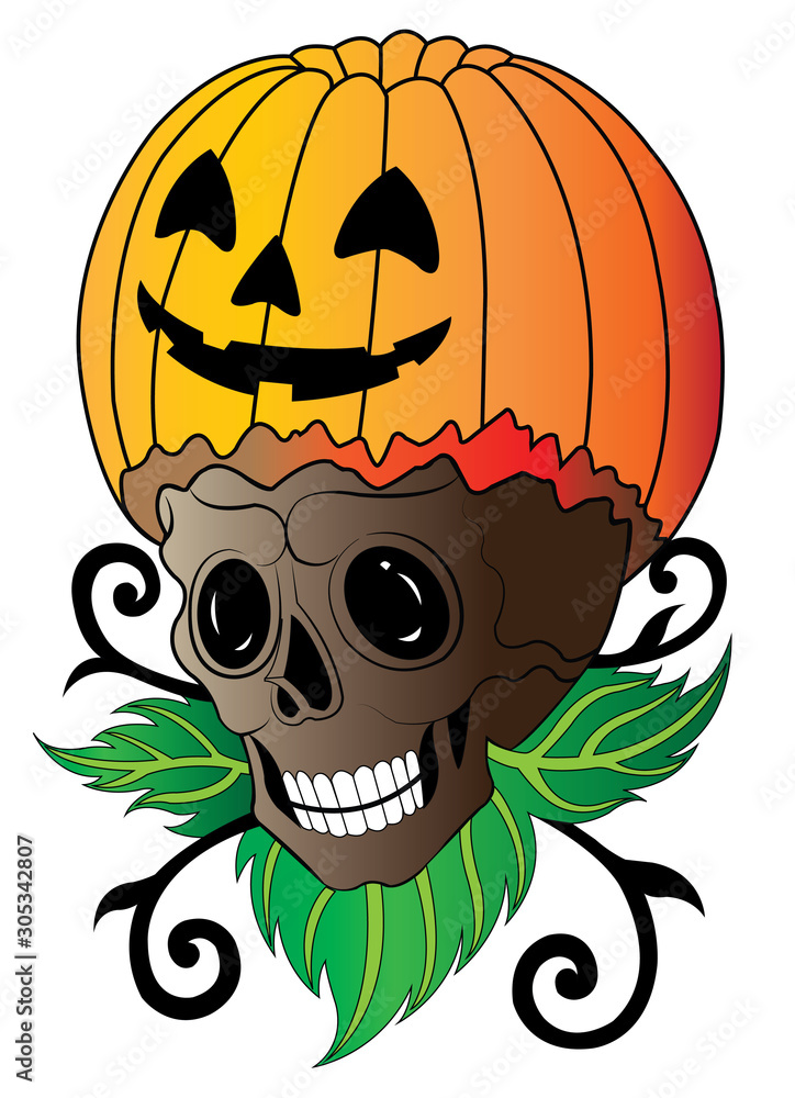 Art Surreal Pumpkin mix Skull Halloween Day. Hand drawing and make graphic vector.