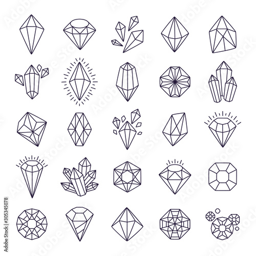Doodle hand drawn gems. Line art gem stones vector isolated set, black crystals modern illustration