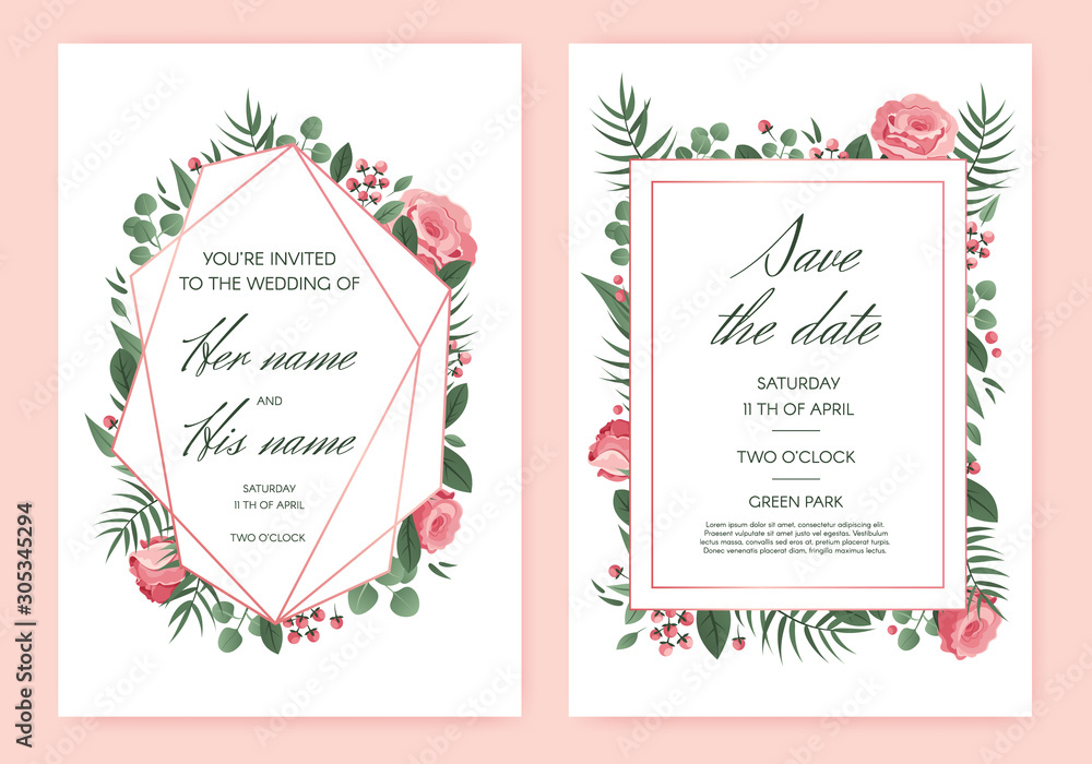 Wedding invitation frame. Floral geometric romantic design card, golden border decoration wedding invitation template vector illustration isolated set