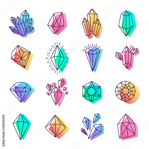 Jewel gemstone icons. Gems symbol, geometric shape line diamond and crystal elements, shiny, luxury and beautiful vector illustration set photo