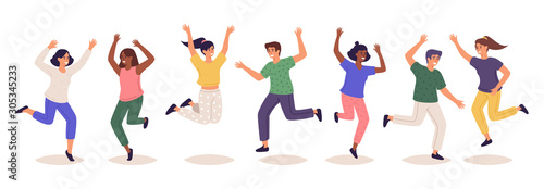 Jumping people. Group of happy laughing male and female characters jumping and have fun flat vector cartoon illustration