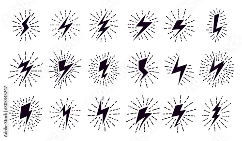 Power lightning. Striking electricity thunder bolt, retro shock lightning arrow symbols, strike lightnings isolated vector illustration set