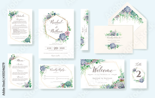 Set of greenery wedding invitation card, invite, RSVP, Details, Thank you, Table number, Menu, envelope address template. Succulent and leaves. Vector