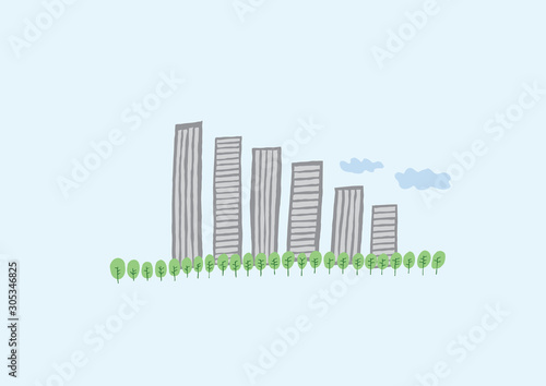 Building-themed illustration. a landscape with buildings and trees.