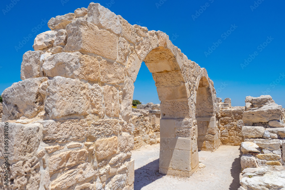 Cyprus. Pathos. Open-air archaeological Museum. Picturesque ruins of an ancient city on the Mediterranean coast. Archaeological Park in Paphos. Archaeological excavations. Travel to the Mediterranean.