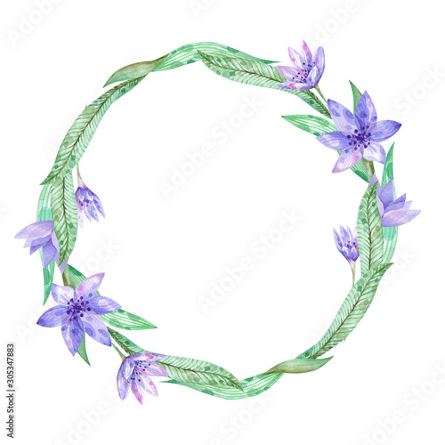  Watercolor frame with blue purple flowers.