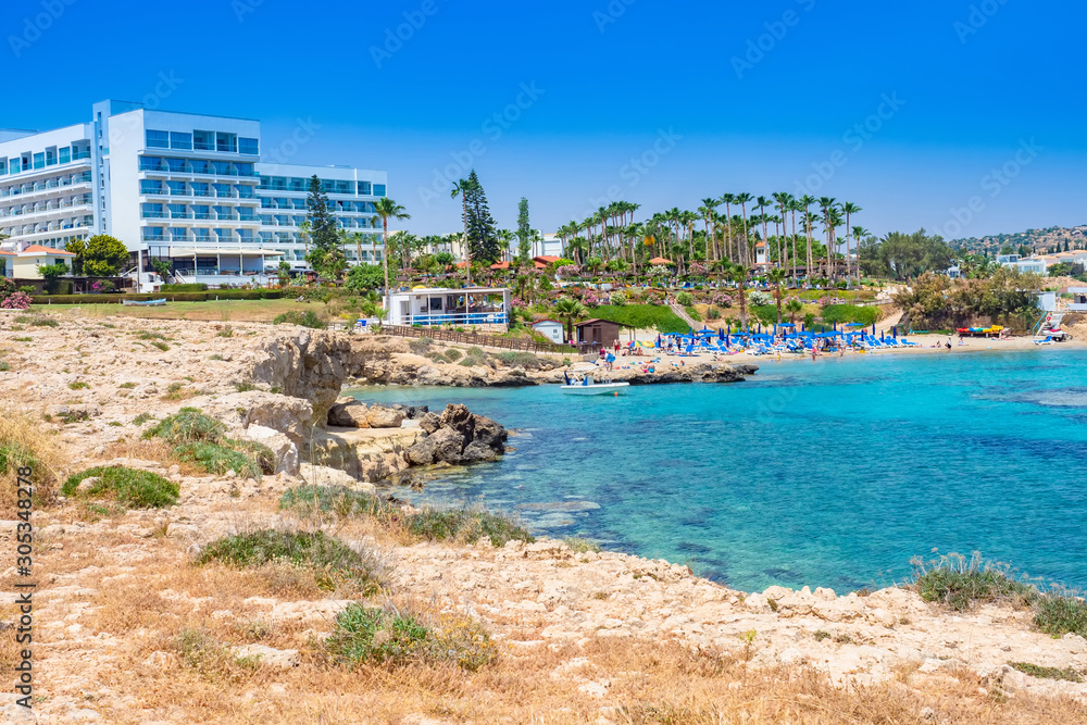 Republic of Cyprus. Protaras. Pernera. Mediterranean coast. View of Kalamies beach. Hotels on the Mediterranean coast. Beach holidays in Cyprus. Seaside resort. Mediterranean landscape.