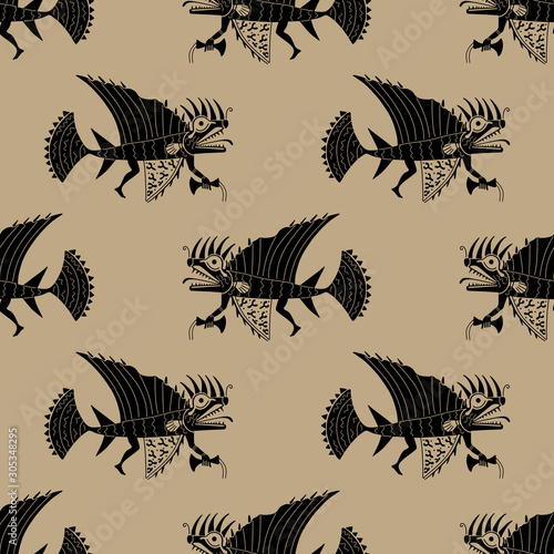 Seamless geometrical monochrome animal pattern with silhouettes of stylized fantastic fish. Ancient Peruvian mythological motif of Mochica or Moche Indians.