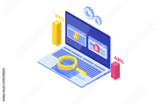 A-B comparison. Split testing isometric concept. Vector illustration.