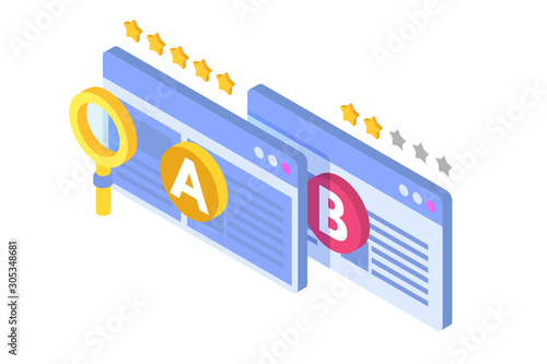 A-B comparison. Split testing isometric concept. Vector illustration.