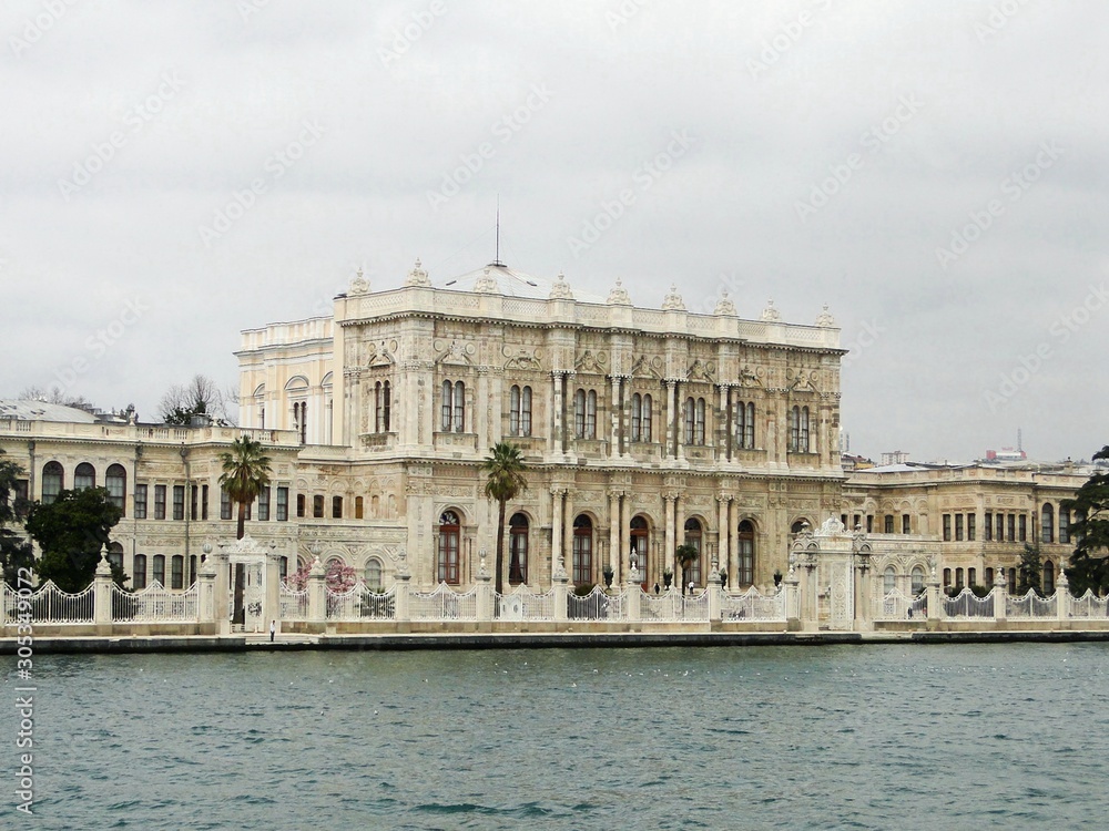 Dolmabahce Palace besides Bosphorus in Istanbul, Turkey. Dolmabahce Palace was the main administrative center of the Ottoman Empire.
