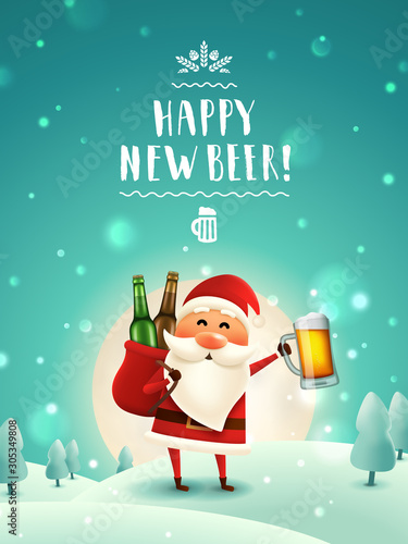 Beer Santa lettering poster. Christmas greeting card with drunk Santa Claus holding beer mug and a sack with bottles. Handwritten typography. Winter forest background