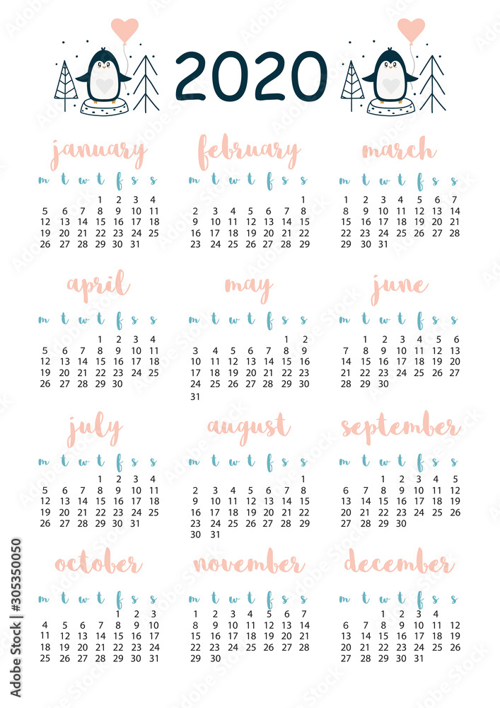 2020 calendar with penguin, A4 format, printable page for notebook, organiser, book.
