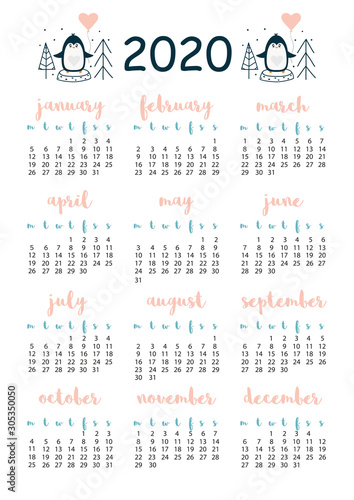 2020 calendar with penguin, A4 format, printable page for notebook, organiser, book.