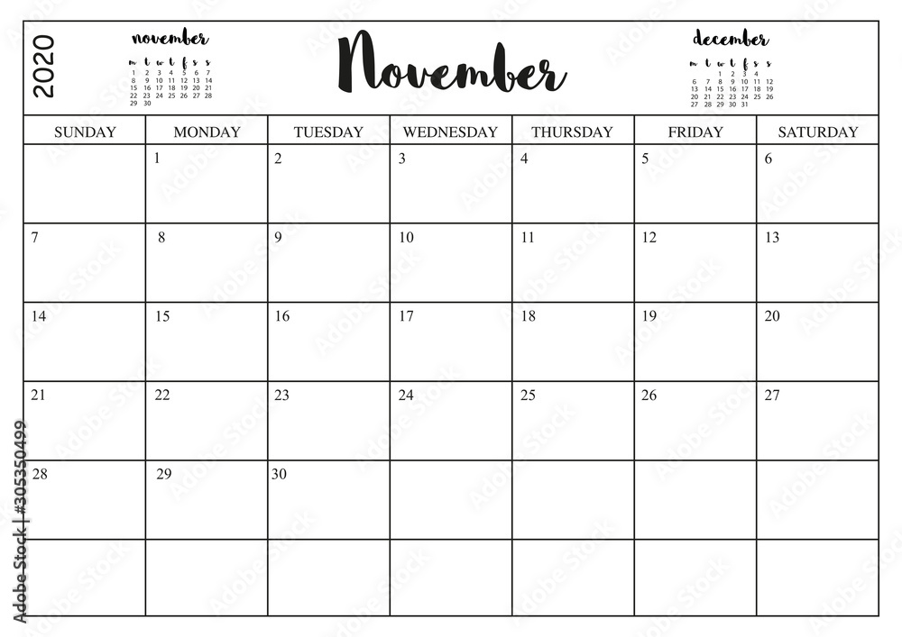 Year 2020 November planner, monthly planner calendar for November 2020 on white background.. Year 2020 November planner, monthly planner calendar for November 2020 on white background..