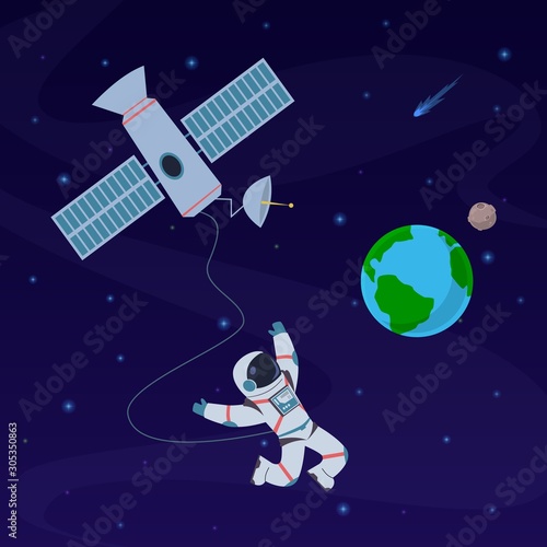 Earth with astronaut. Cosmonaut floating in stratosphere near earth planet, spaceship. Spacewalk explore at orbital station vector concept