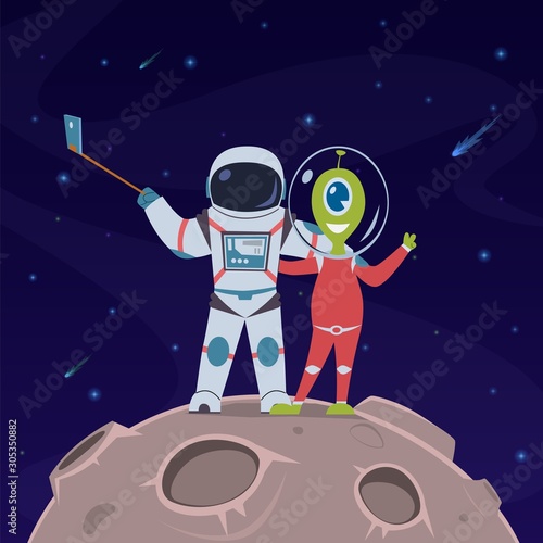 Astronaut and alien selfie. Friendship between spaceman and alien humanoid on remote space planet cartoon vector childish concept