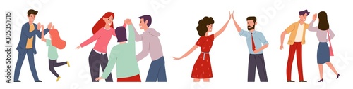 High five. Happy people informal greeting, group expressing friendship. Colleagues together meeting with friends vector characters