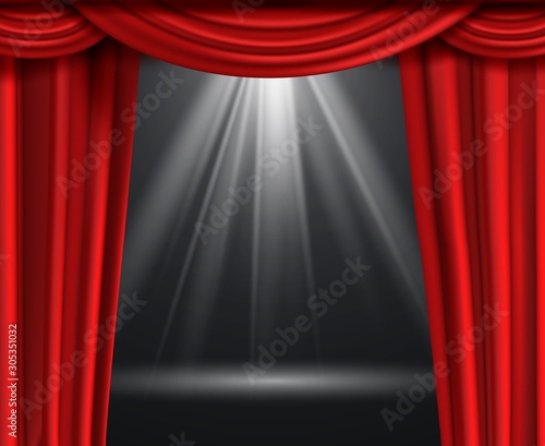 Theater curtain. Luxury red curtains at black dark entertainment scene with spotlight vector premium background