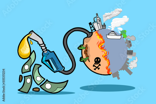 Vector drawing illustration of Earth environment pollutions. Human use Fossil fuel and destroyed this world turn to desert by global warming everyday. editable with layers.