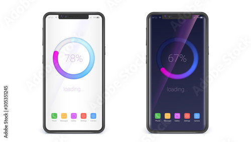 Modern 3D web preloader of updates on screen of mobiles. Smartphones with progress bar and percentage of upgrades, downloads. Concept of mobile apps for data loading on light and dark background