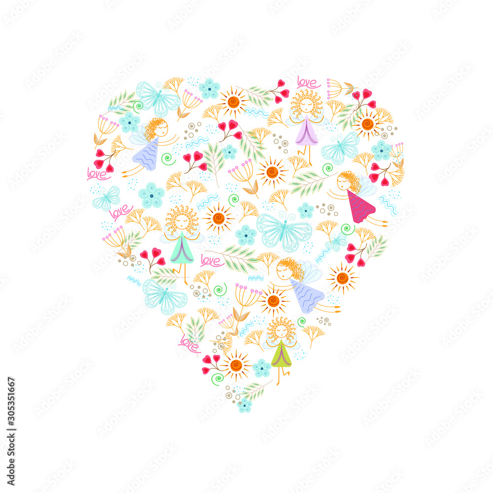 Pattern of angels on nature background in heart frame, background light, beige, vector Pattern of angels on nature background in heart frame, background light, beige, vector
