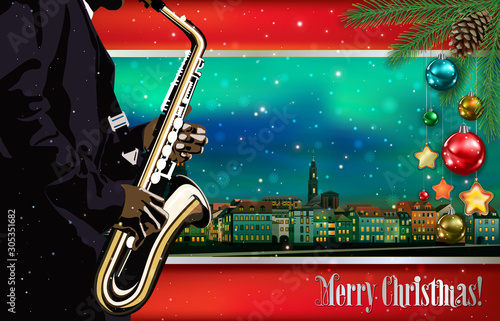 Christmas green red illustration with saxophone player on cityscape of Heidelberg background