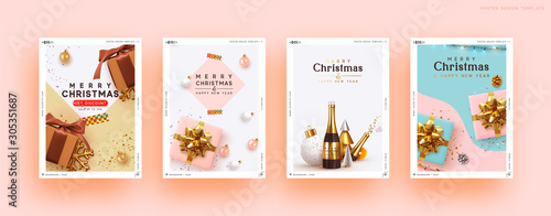 Christmas set backgrounds with realistic decorative objects. Xmas decoration gift box, bauble ball, golden confetti, 3d design elements. New year poster, banner. Advertising flyer brochure. soft color