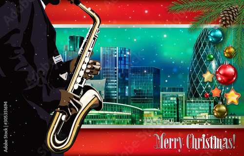 Christmas green red illustration with saxophone player on cityscape of London background