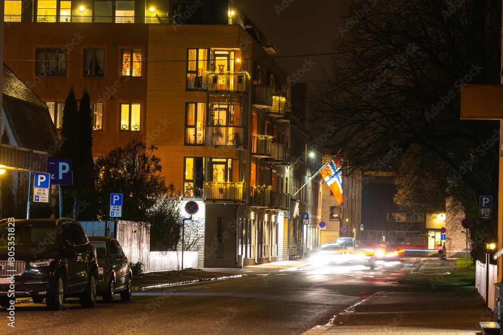 Norwegian illuminated streets from evening in november