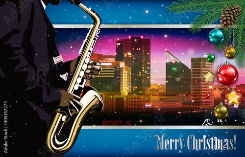 Christmas pink blue illustration with saxophone player on cityscape of Tallinn background