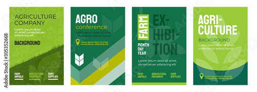 Set of vector illustrations with agricultural concept. Design for agro conference, farm exhibition. Group of agri poster with geometrical composition. Background for banner, flyer, layout, cover, ad.