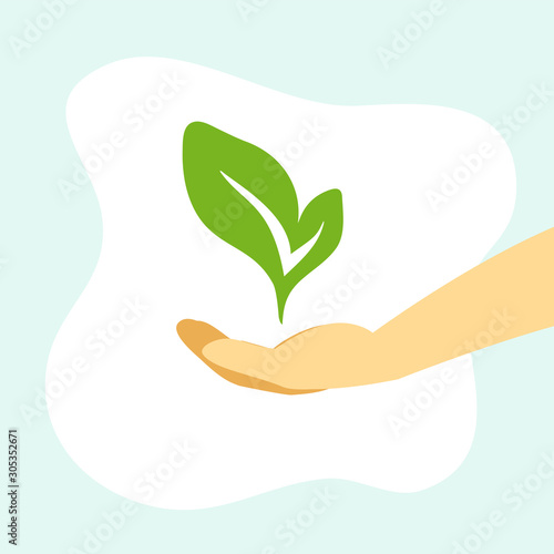 Vector illustration of hand with plant sprout. Symbol of care and environmental protection. Icon with planting sapling for gardening, agriculture or agronomy. Silhouette seedling for ecology project.