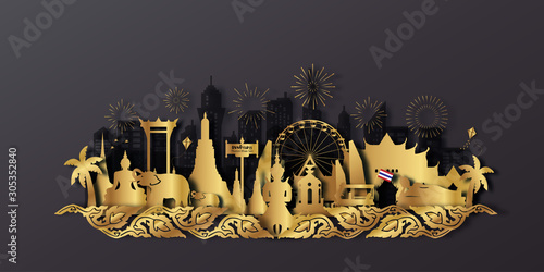 Thailand Travel postcard, poster, tour advertising of world famous landmarks in paper cut style. Vectors illustrations