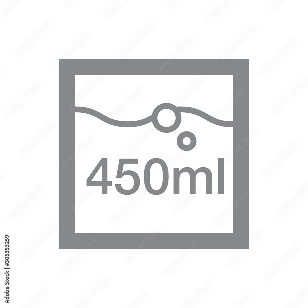 Liter l sign (l-mark) estimated volumes 450 milliliters (ml) Vector symbol packaging, labels used for prepacked foods, drinks different liters and milliliters. 450 ml vol single icon isolated on white