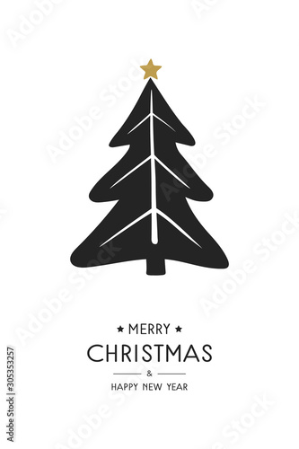 Christmas greeting card with festive tree and wishes. Xmas ornament. Vector