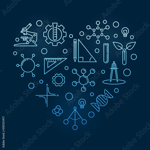 STEM Heart vector concept blue linear illustration - Science, Technology, Engineering and Math outline icons in heart shape on dark background