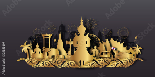 Thailand Travel postcard, poster, tour advertising of world famous landmarks in paper cut style. Vectors illustrations