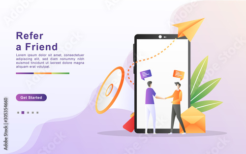 Refer a friend illustration concept. People share info about referral and earn money, marketing strategy, sharing referral business. Flat design for landing page, banner, web, template, marketing.