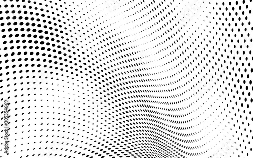 Abstract halftone background. Art texture of dots. Chaotic waves. Monochrome vintage backdrop. Black and white vector surface